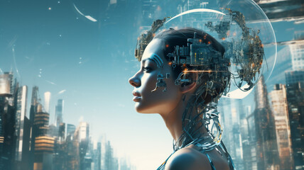 Girl ai in modern technology, view of head