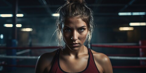 Fototapeta na wymiar young sports woman in tracksuit and red putting hands together in boxing gloves