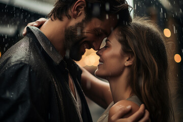 Generative ai image of romantic couple hugging kissing in the rain