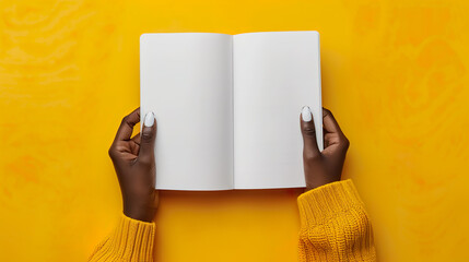 Elegant hands of an African woman hold an open notebook with blank pages.  - Powered by Adobe