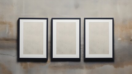 Fototapeta premium Frames hanging on a rough concrete gray wall mockup. Blank space for copy text.