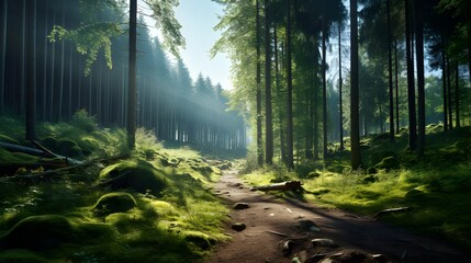 Obraz premium Green forest landscape with natural light.