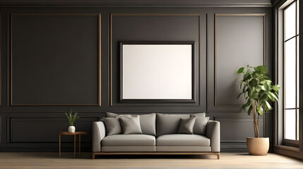 An empty picture frame is displayed in the living room.