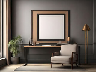 An empty picture frame is displayed in the living room.