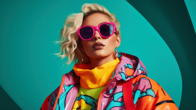 Photos of people in neon-colored street clothes. The style of the 90s meets the modern style. Generative AI