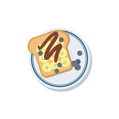 Slice of bread with banana and chocolate paste. Sandwich with different ingredients vector illustration. Top view flat vector icon.