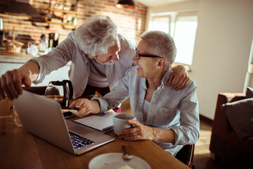 Fototapeta na wymiar Smiling senior couple using laptop together at home