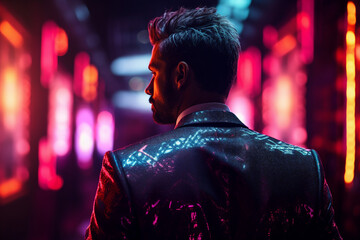 Back view portrait of a handsome elegant man neon illuminated city virtual reality and cyberpunk generative AI concept