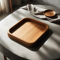 Products overlay. Close up of a round empty tray wood with sunlight and leaves shadow
