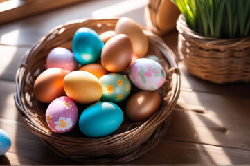 Fototapeta na wymiar basket full of colorful pastel easter eggs