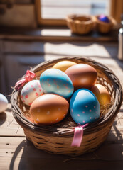 Fototapeta na wymiar basket full of colorful pastel easter eggs