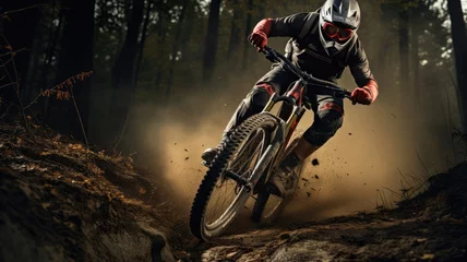 Foto op Canvas Mountain biker cyclist riding a bicycle downhill on a mountain bike trail. Outdoor recreational lifestyle adventure sport activity in nature © bannafarsai
