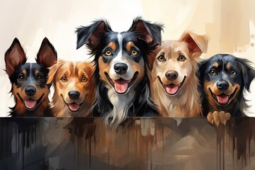 Cartoon smiling cute dogs of different breeds peek out from behind a wooden fence. Banner with animals Concept: veterinary advertising and animal breeding
 - obrazy, fototapety, plakaty