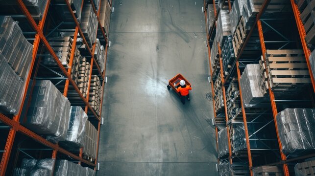 Top view warehouse worker drag trolley at warehouse stores