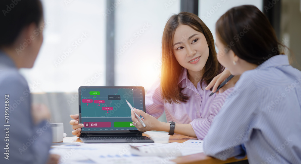 Poster technology and financial advisory services concept. business teamwork and working on digital laptop 