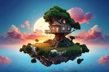 3d floating island and tree house