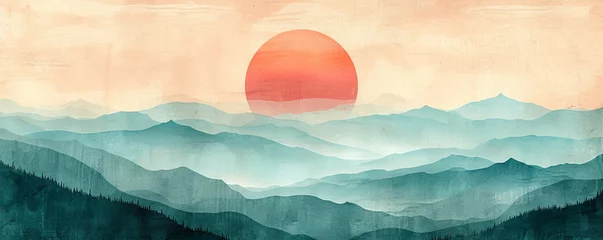 Fototapeten Watercolor Abstract mountains. Aesthetic minimalist landscape with mountain an sun or moon, Boho style. , landscape aesthetic background wallpaper. illustration for prints wall arts and canvas. © peacefy