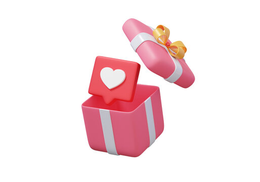 Open gift box heart surprise symbol design planner event happy valentine day on isolated background. 3d rendering illustration