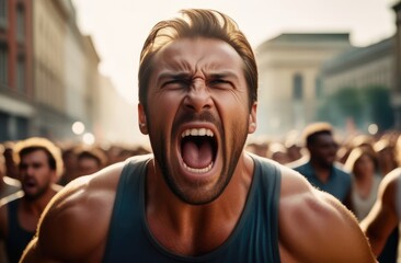 male activist protesting against rights violation in rage. Caucasian protester screaming on street - obrazy, fototapety, plakaty