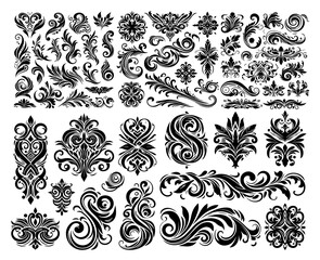 calligraphic ornamental elements set. black and white, silhouette