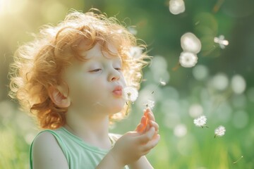 A young girl embraces the carefree joys of summer as she blows delicate dandelion seeds into the wind, her innocent face lit up with pure happiness and wonder