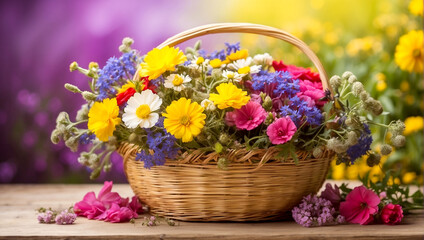 Obraz na płótnie Canvas Basket of colourful wildflowers flowers on a yellow spring background