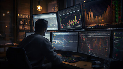 person in front of a computer analyzing stock market trends and making investment decisions