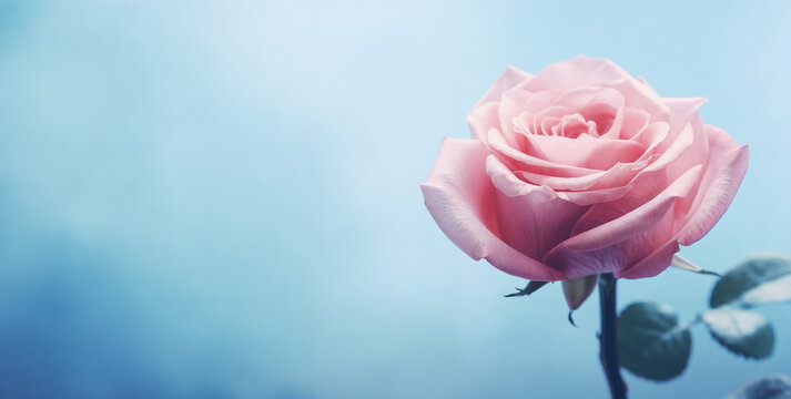 a pink rose is blooming in the sky with leaves on it's stem and a blue background, generative ai