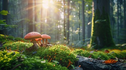 Vibrant red mushrooms thriving on a mossy log in a sunbeam-drenched forest, showcasing the beauty of fungi in nature. - obrazy, fototapety, plakaty