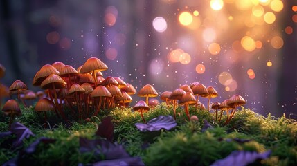Fototapeta na wymiar A mystical scene of vibrant orange mushrooms with a sparkling, bokeh light effect in a dreamy forest setting at dusk.