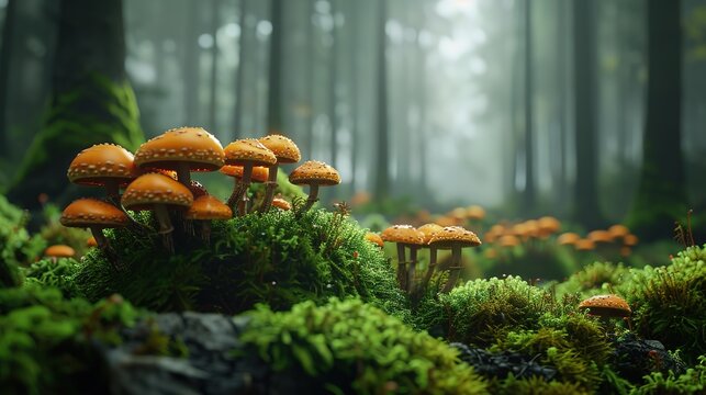 Orange mushrooms emerge among vibrant green moss in a fog-covered, ethereal forest setting, creating a magical atmosphere.