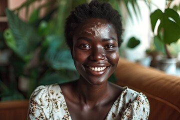 Cheerful young african woman with vitiligo smiling at camera relaxing on sofa at home.