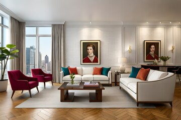 Interior design of a vibrant and sophisticated living room for a fashion designer who wants a space that reflects their artistic sensibilities
