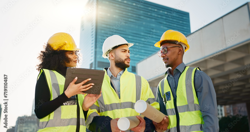 Poster people, architect and team walking with tablet in planning for construction, building or project in 