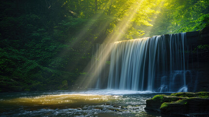 A stunning waterfall with sunlight highlighting the flow of water and natural beauty