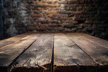 Empty Wooden Table with Blurry Bunker Tunnel Subterranean Background