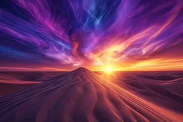 Foto op Aluminium Nature's fiery canvas ignites the sky with a stunning sunset, casting a warm glow over the vast desert landscape © ChaoticMind
