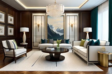 Interior design of a vibrant and sophisticated living room for a fashion designer who wants a space that reflects their artistic sensibilities