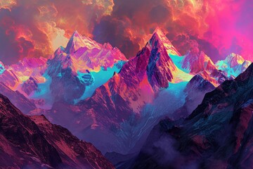 A breathtaking landscape of vibrant mountains shrouded in swirling clouds, beckoning one to explore the majestic outdoor beauty and looming volcano within - obrazy, fototapety, plakaty