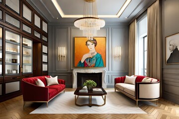 Interior design of a vibrant and sophisticated living room for a fashion designer who wants a space that reflects their artistic sensibilities