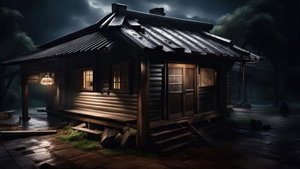 Traditional Japanese house in the middle of Japanese village in the rainy night