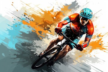 Watercolor abstract illustration of cyclist. Guy rides bike in colorful Paint Splash style. Man athlete watercolour painted image. Sport Background with brush strokes and paint splatters