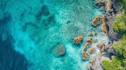 Immerse yourself in the stunning teal hues of the aqua water, surrounded by rugged rocks and an idyllic island landscape