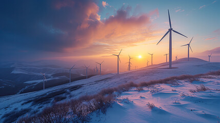 wind turbines at sunset in winter