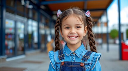 Cheerful elementary student girl walking to school building with space for text placement