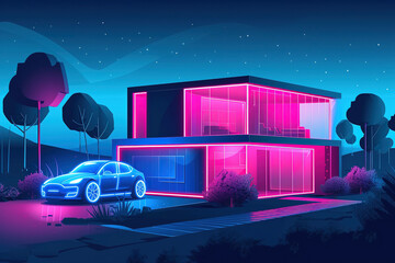 illustration design of futuristic modern glass house in pink neon light design in blue neon light with car parked outdoors at night