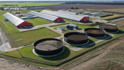 Huge cisterns, collectors, tanks to collect manure and farm waste (cows, rams, bulls, goats, pigs). Ecological processing of manure for biologically pure fertilizers for fields and crops.