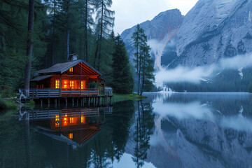 Fototapeta premium Illuminated Wooden house in the forest on a calm reflecting lake with the foggy mountains in the background at dusk