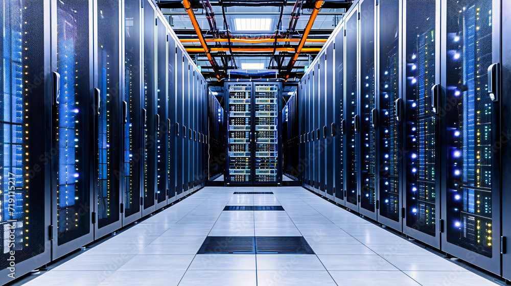 Poster high-tech server rack in a datacenter, networking and computing equipment in a modern room