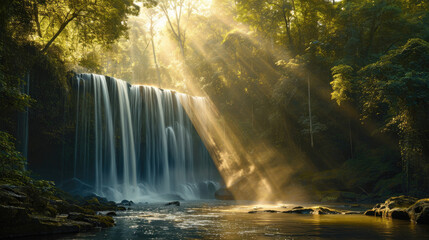 Beautiful waterfall in dense forest with sunlight filtering through the trees